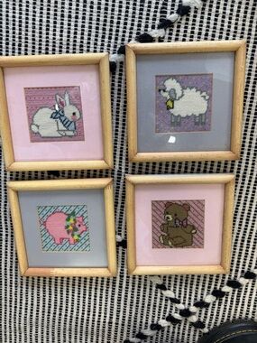 Set of 4 framed vintage cross stitch needlepoint embroidry nursery art